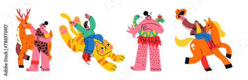 Cartoon characters with animals. Abstract doodle illustration of mascots. Cowboy, aboriginal, cat, tiger, prehistoric man. Retro groovy people in the environment