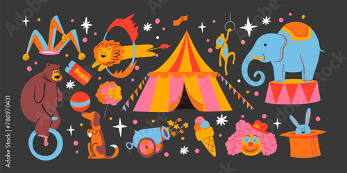 Cartoon circus show stickers. clown, trained animals, circus attributes, acrobats, magicians. Set of vintage retro 90s doodle circus stickers