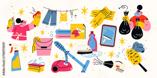 Cartoon cleaning stickers, cleanliness concept abstract shapes. Sponge, brush, spray, rag, vacuum cleaner, cleaners. Vector retro illustration of disinfection