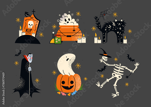 Cartoon illustrations for Halloween scary 90s style. Skeleton, pumpkin, ghost, Dracula. Set of groovy hippie doodle illustrations for October 31st © Limpreom
