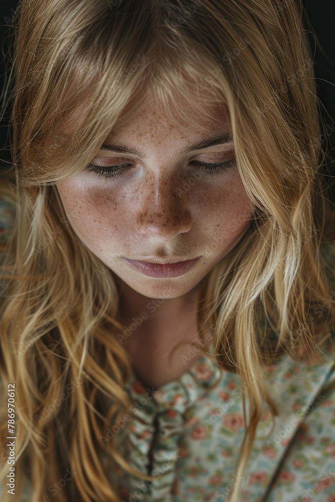 Woman with freckles looking down at her cell phone. Suitable for technology and lifestyle concepts Woman with freckles looking down at her cell phone. Suitable for technology and lifestyle concepts