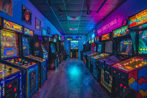 An immersive arcade experience with rows of retro consoles, glowing buttons, and colorful cabinet artwork, Generative AI photo