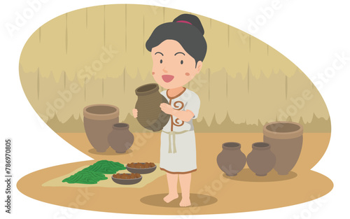 土器を持つ縄文時代の女性