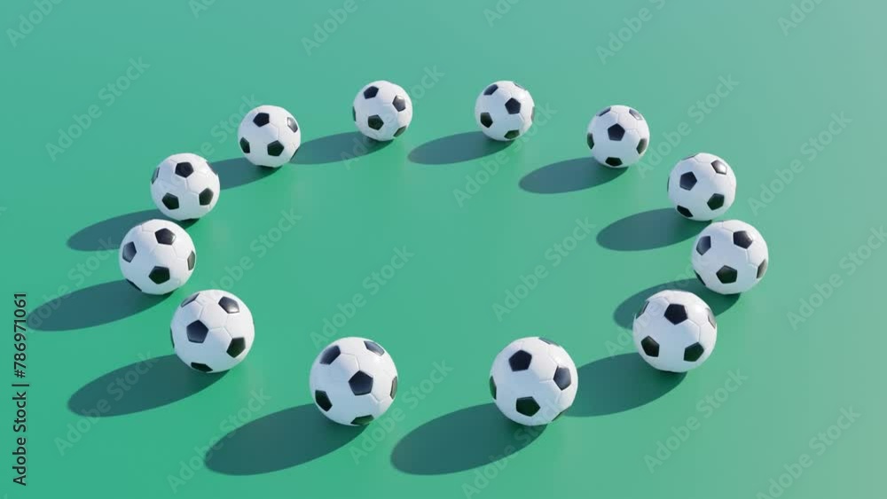 Dynamic 3D Sport: Rotating Circle of 12 Soccer Balls on Green Surface Dynamic 3D Sport: Rotating Circle of 12 Soccer Balls on Green Surface