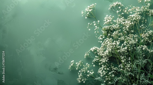 A few sprigs of green fern and white baby's breath along the left vertical edge of a muted green canvas, offering a touch of natural simplicity with vast negative space.