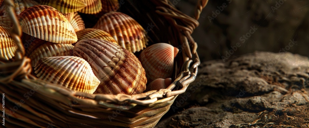 Quiet contemplation of seashells collected in a beachcomber's basket, professional photography and light, Summer Background