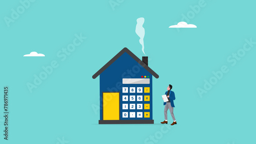 House mortgage cost calculation, budget assumptions on real estate investment, businessman holding pencil with calculator home concept vector illustration
