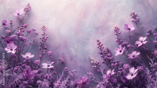 Soft lilac flowers scattered sparingly along the top right corner of a soft lavender background, offering a subtle floral touch with generous negative space.