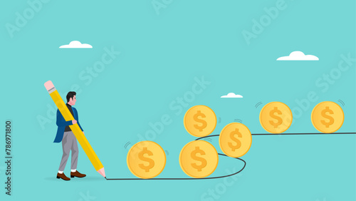 businessman investor with pencil lines control flow of money Dollar coins, business or investment return flow, cash flow concept