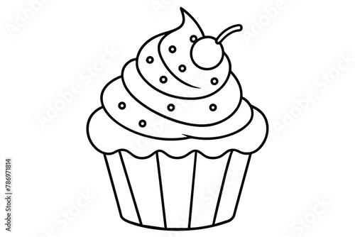 line art of a delicious Cup cake with playful topping, vector illustration
