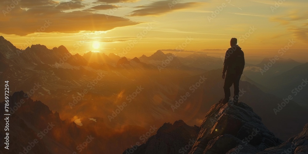 A person standing on top of a mountain at sunset. Perfect for outdoor adventure concepts