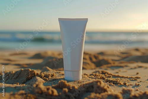 Sunscreen cream tube on sandy beach. Perfect for summer vacation ads