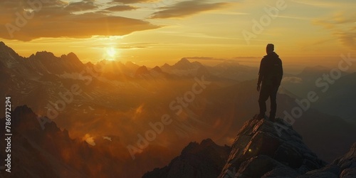 A person standing on top of a mountain at sunset. Perfect for outdoor adventure concepts
