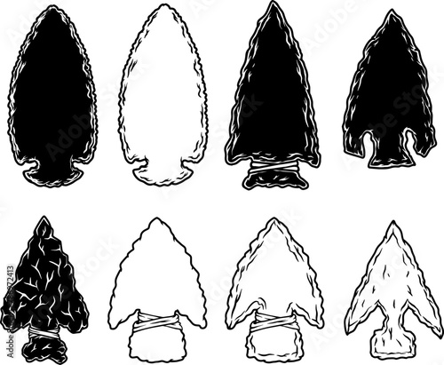 Illustration of stone arrowhead. Design element for poster, card, banner, logo, emblem. Vector illustration