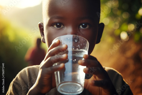portrait of a black african child drinking water from a glass