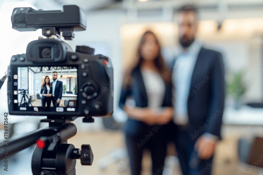 A camera is placed on the tripod, with two business people standing in front of it for an interview video, selective focus of digital camera shooting businessman in office A camera is placed on the tripod, with two business people standing in front of it for an interview video, selective focus of digital camera shooting businessman in office