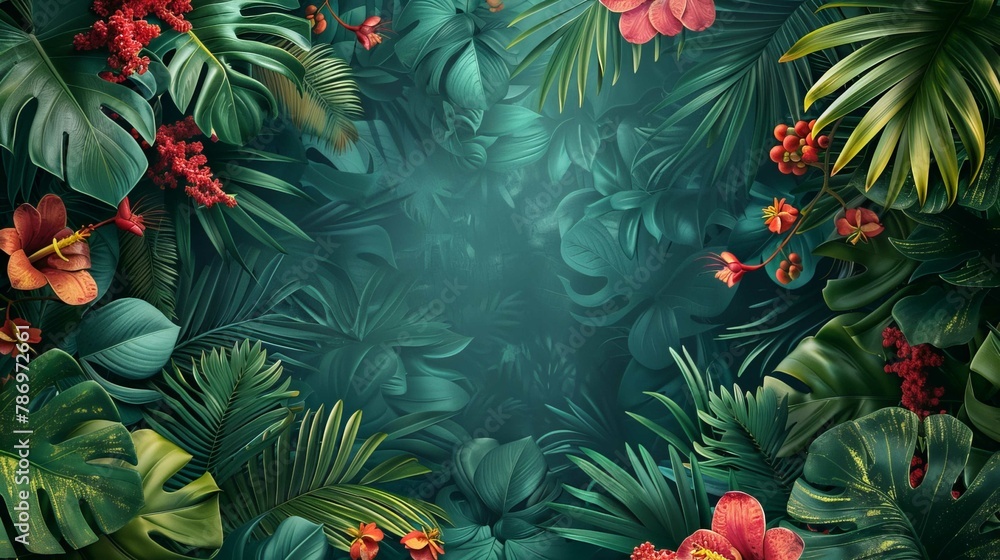 Tropical Oasis: A Blank Canvas Surrounded by Lush Foliage and Exotic Fruits Tropical Oasis: A Blank Canvas Surrounded by Lush Foliage and Exotic Fruits