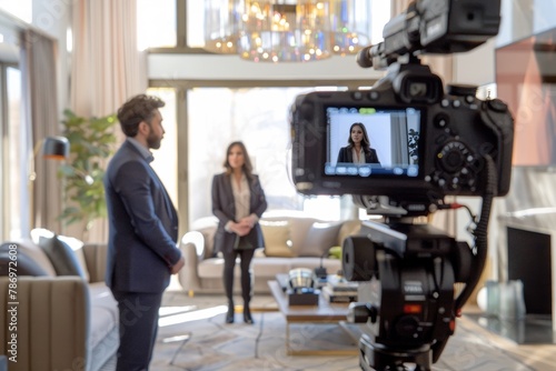 A camera is placed on the tripod, with two business people standing in front of it for an interview video, selective focus of digital camera shooting businessman in office photo