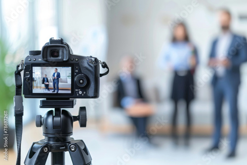 A camera is placed on the tripod  with two business people standing in front of it for an interview video  selective focus of digital camera shooting businessman in office