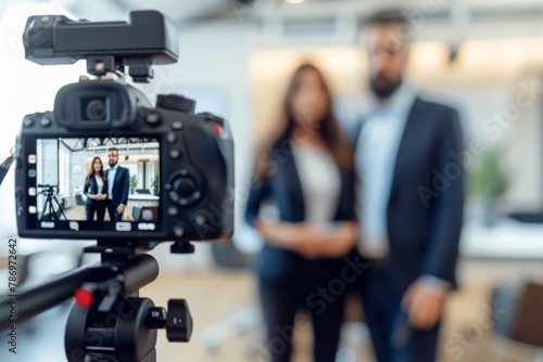 A camera is placed on the tripod, with two business people standing in front of it for an interview video, selective focus of digital camera shooting businessman in office