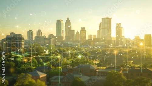 A cityscape with connected network lines and technology icons, representing the digital transformation of urban environments. The background is a clear blue sky, symbolizing hope for future