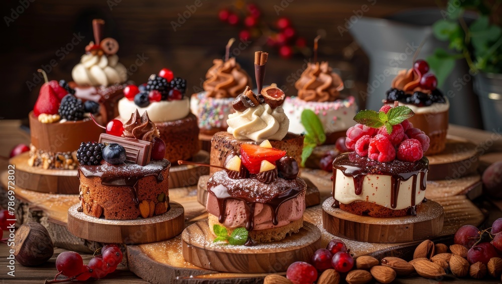 A collection of colorful and delicious mini cakes, muffins with chocolate, fruits, nuts, and decorations. The cakes include ice cream and chocolate confectionery. A collection of colorful and delicious mini cakes, muffins with chocolate, fruits, nuts, and decorations. The cakes include ice cream and chocolate confectionery.