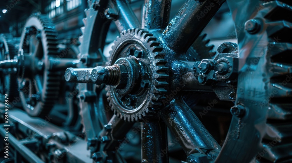 Fototapeta premium Detailed view of a machine with visible gears. Suitable for industrial concepts