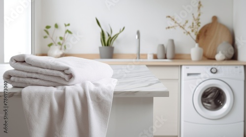 White clean towels on wooden table in bathroom. Spa © Nataliya