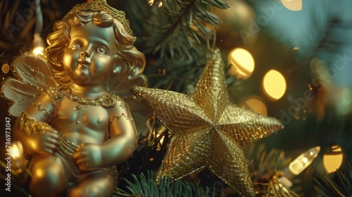 A beautiful gold angel ornament hanging from a Christmas tree. Perfect for holiday decorations