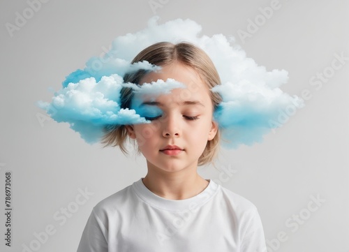 Imagination, Creativity and out-of-the-box thinking. Calm dreaming kid with soft clouds around the head