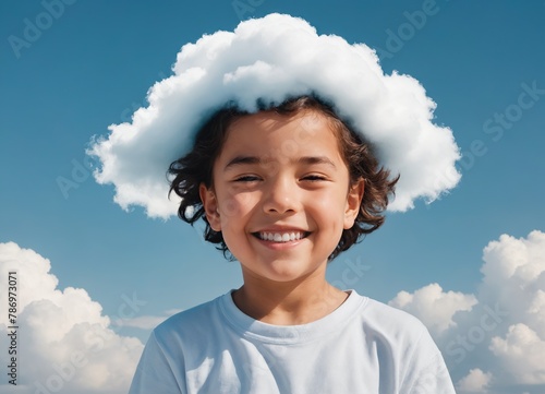 Imagination, Creativity and out-of-the-box thinking. Happy smiling kid with soft cloud around the head