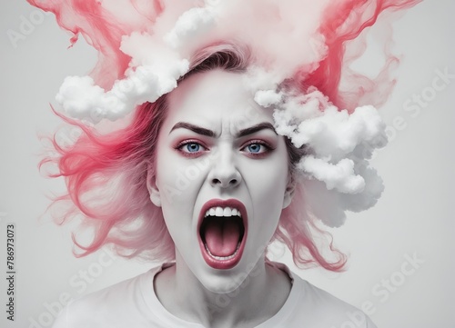 Stressed angry emotional woman screaming, smoke and clouds around the head