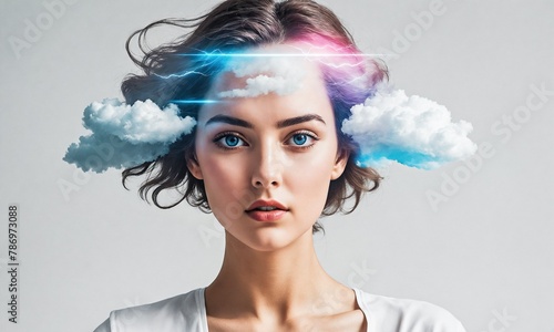 Young woman with lightning and clouds around the head