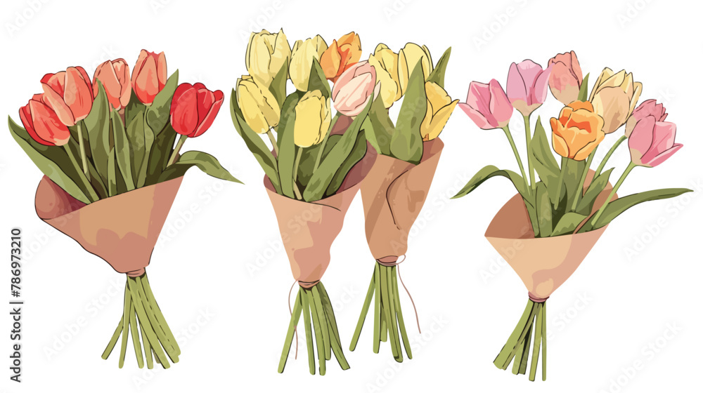 Three bouquets of Tulips. Bouquet of spring fresh flower