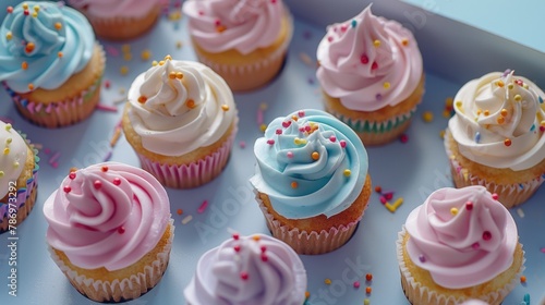 Colorful cupcakes with sweet frosting and sprinkles, perfect for bakery or celebration concepts