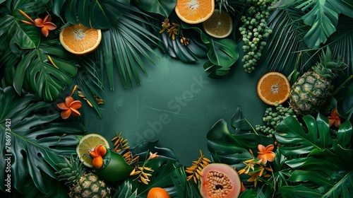 Tropical Oasis: A Blank Canvas Surrounded by Lush Foliage and Exotic Fruits