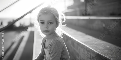A little girl sitting on a bench in a black and white photo. Suitable for vintage and nostalgic concepts © Fotograf