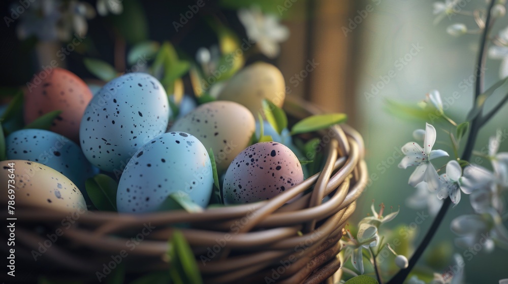 A basket filled with eggs on a table. Suitable for cooking or Easter themes