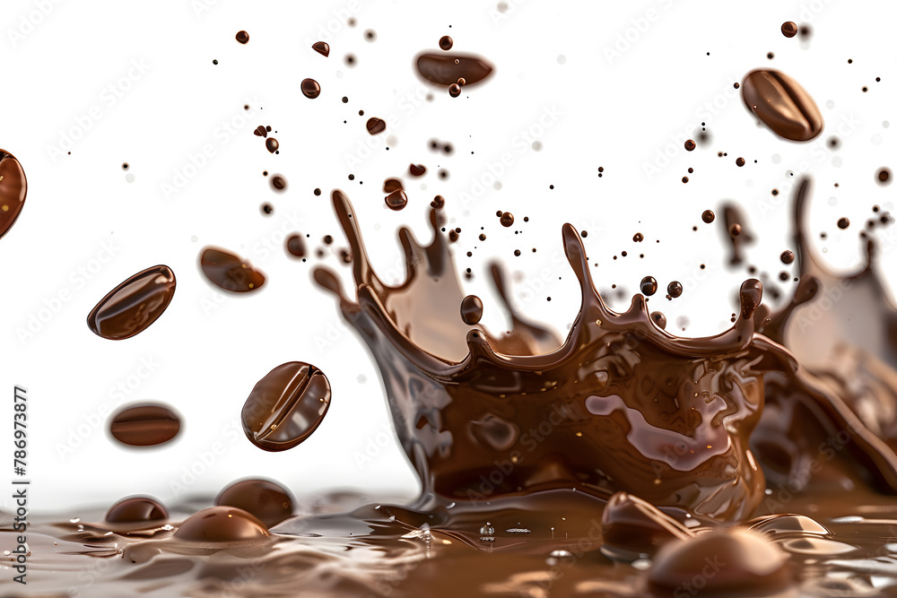 Splash of coffee with beans flying through the air on a white background Splash of coffee with beans flying through the air on a white background