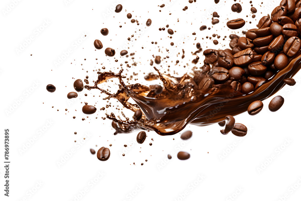 Splash of coffee with beans flying through the air on a white background Splash of coffee with beans flying through the air on a white background
