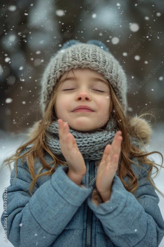 Young girl standing in snow with eyes shut. Suitable for winter themed designs Young girl standing in snow with eyes shut. Suitable for winter themed designs