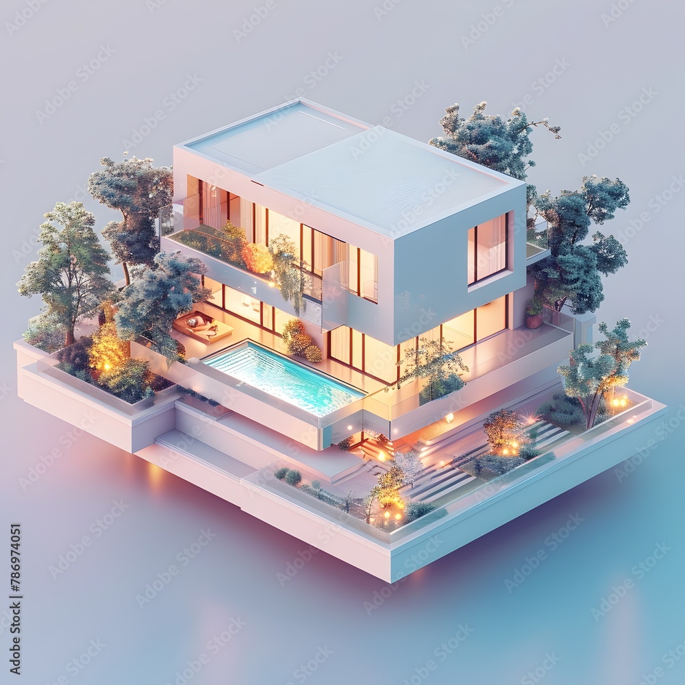 Cozy Eco Friendly Modern Isometric House with Vibrant Landscape and Soft Lighting