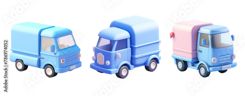 set of cute 3d blue delivery truck clay icon rendered soft pastel color blender plain surface isolated on transparent background