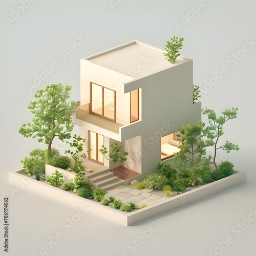Cozy Eco Friendly Minimalist Isometric Home with Serene Landscaping