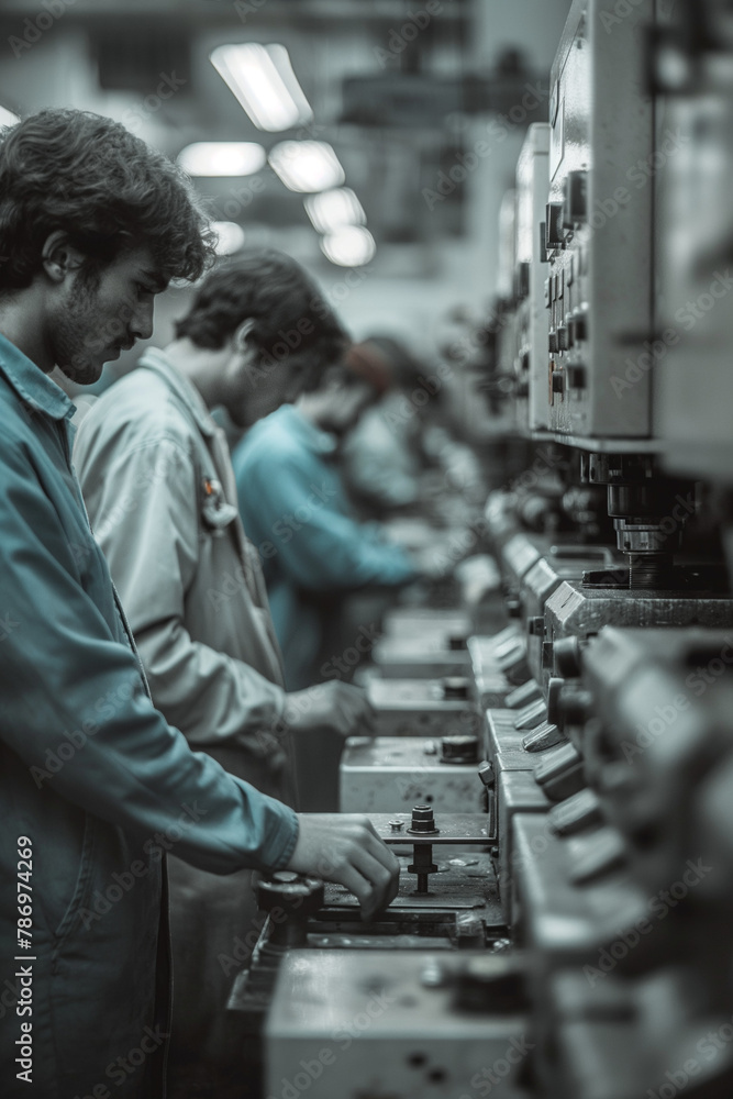 Busy factory worker operates a machine