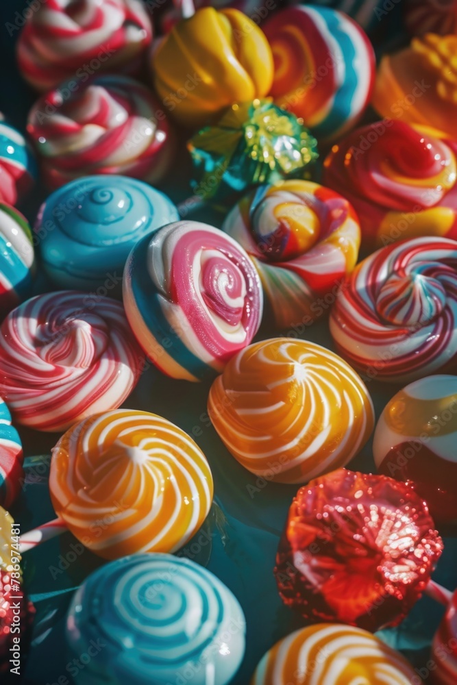 Colorful lollipops displayed on a table, perfect for candy shop promotion