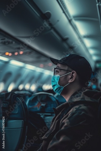 A man wearing a face mask while seated on an airplane. Suitable for travel safety concepts © Fotograf