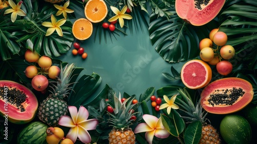 Tropical Oasis: A Blank Canvas Surrounded by Lush Foliage and Exotic Fruits