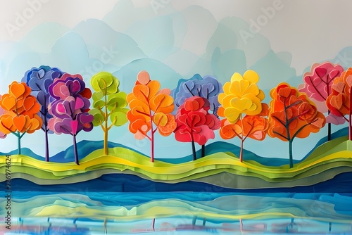 Layered Paper Art Depicting Colorful Autumn Landscape with Trees Lake and Sky