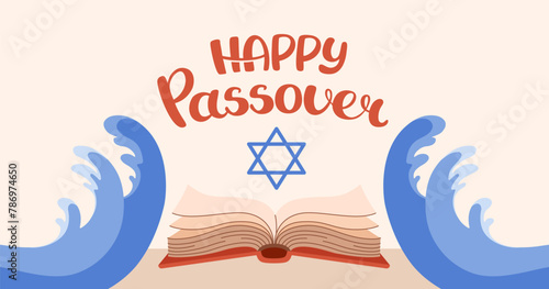 Happy Passover web banner. Invitation background. Tradition icons torus, wave red sea, Star of David. Hand drawn lettering. Horizontal Backdrop postcard, poster. Vector flat illustration.